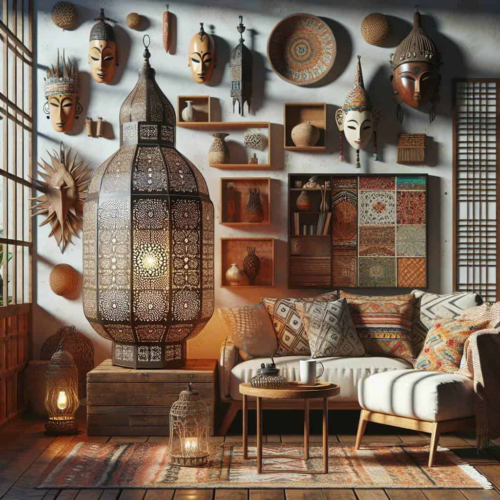 Travel-inspired home decor in cozy living room.