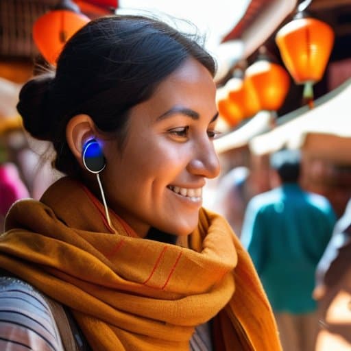 AI‑Powered Language Earbuds translating Marrakech market conversation