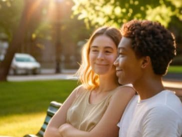 Happy couple embracing Friendship to lovers transition